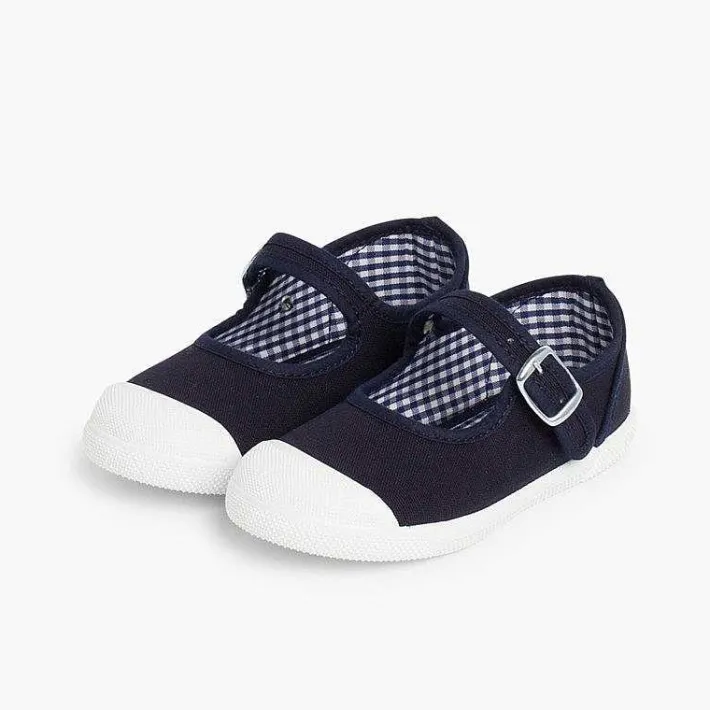 Pisamonas Mary Janes>Girls Buckle Up Rubber Toe Cap Canvas Mary Janes