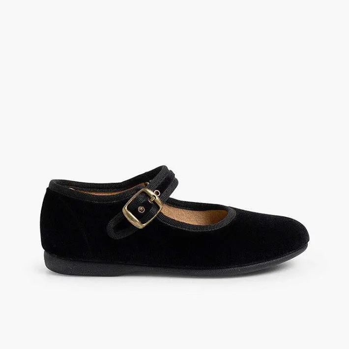 Pisamonas Mary Janes>Girls Buckle Up Velvet Mary Janes
