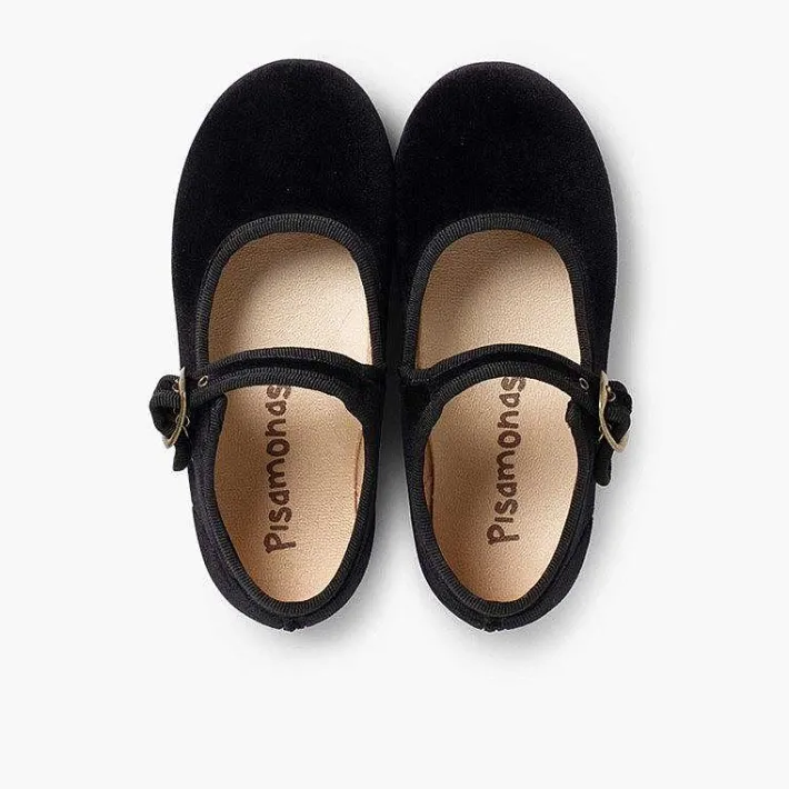 Pisamonas Mary Janes>Girls Buckle Up Velvet Mary Janes