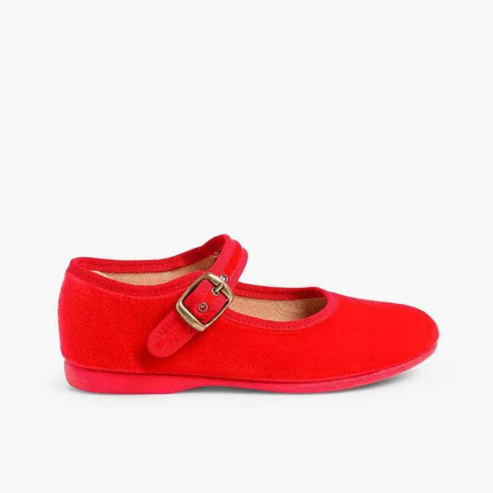 Pisamonas Mary Janes>Girls Buckle Up Velvet Mary Janes