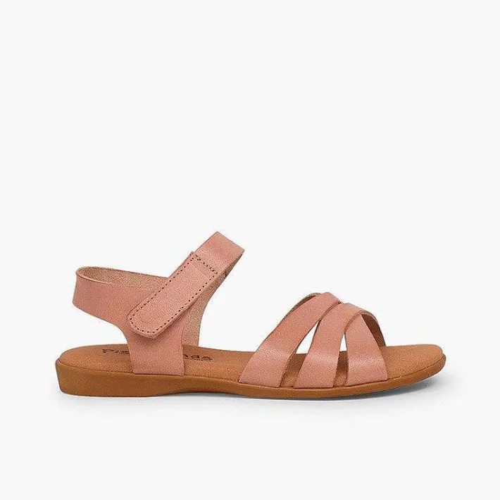 Pisamonas Sandals>Girls' Leather Sandals With Crossed Straps And Loop Fasteners Closure