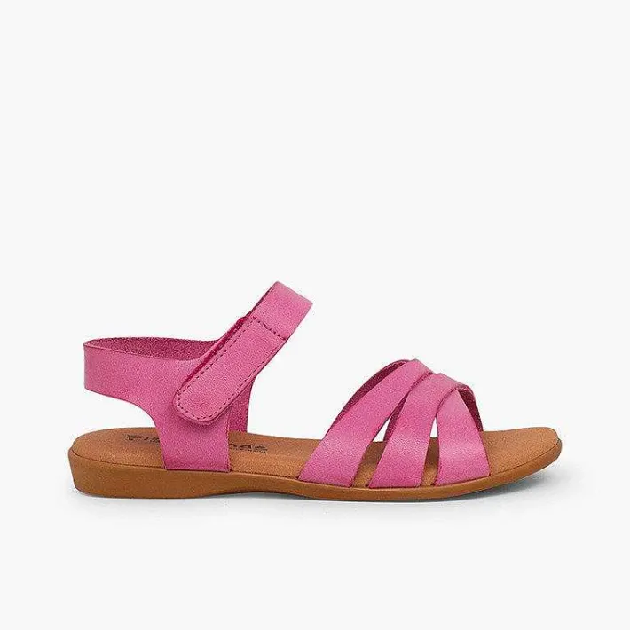 Pisamonas Sandals>Girls' Leather Sandals With Crossed Straps And Loop Fasteners Closure