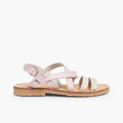 Pisamonas Sandals>Girls' Leather Sandals With Crossover Strap And Mother Of Pearl Effect