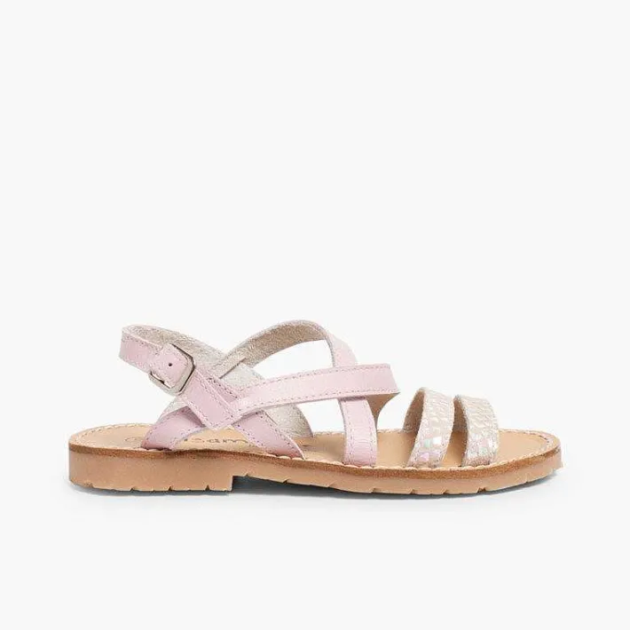 Pisamonas Sandals>Girls' Leather Sandals With Crossover Strap And Mother Of Pearl Effect