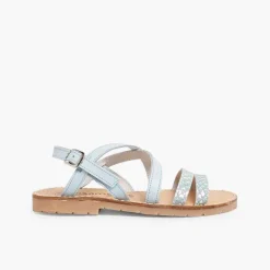 Pisamonas Sandals>Girls' Leather Sandals With Crossover Strap And Mother Of Pearl Effect