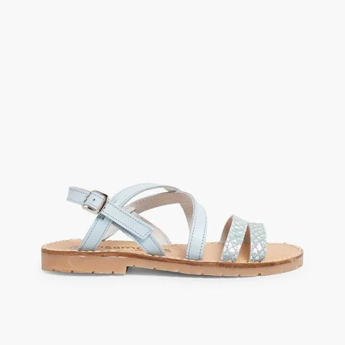 Pisamonas Sandals>Girls' Leather Sandals With Crossover Strap And Mother Of Pearl Effect