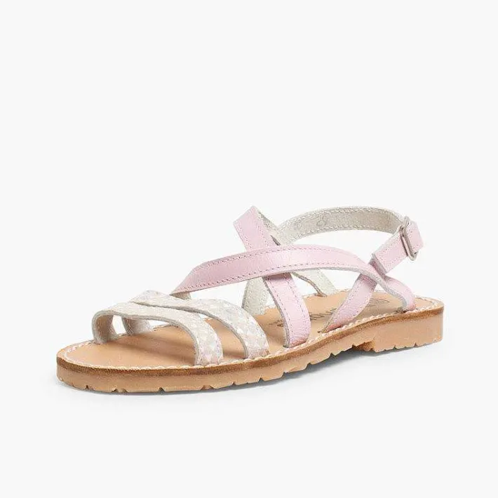Pisamonas Sandals>Girls' Leather Sandals With Crossover Strap And Mother Of Pearl Effect