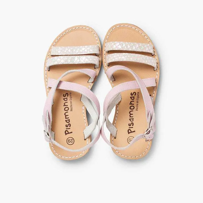 Pisamonas Sandals>Girls' Leather Sandals With Crossover Strap And Mother Of Pearl Effect