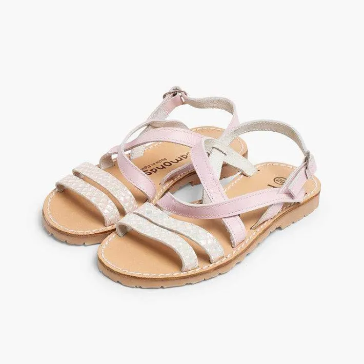 Pisamonas Sandals>Girls' Leather Sandals With Crossover Strap And Mother Of Pearl Effect