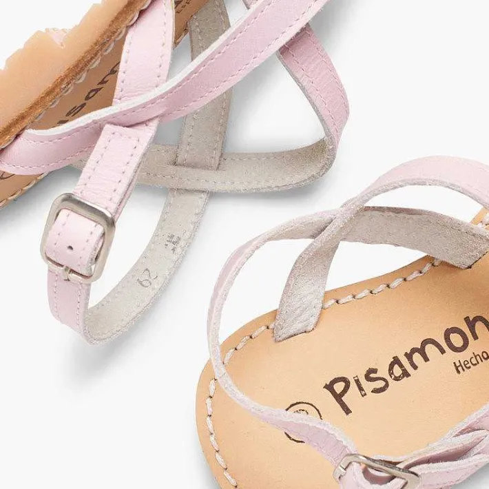 Pisamonas Sandals>Girls' Leather Sandals With Crossover Strap And Mother Of Pearl Effect
