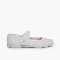 Pisamonas Communion Shoes>Girls' Linen Mary Janes With Loop Fasteners And Button
