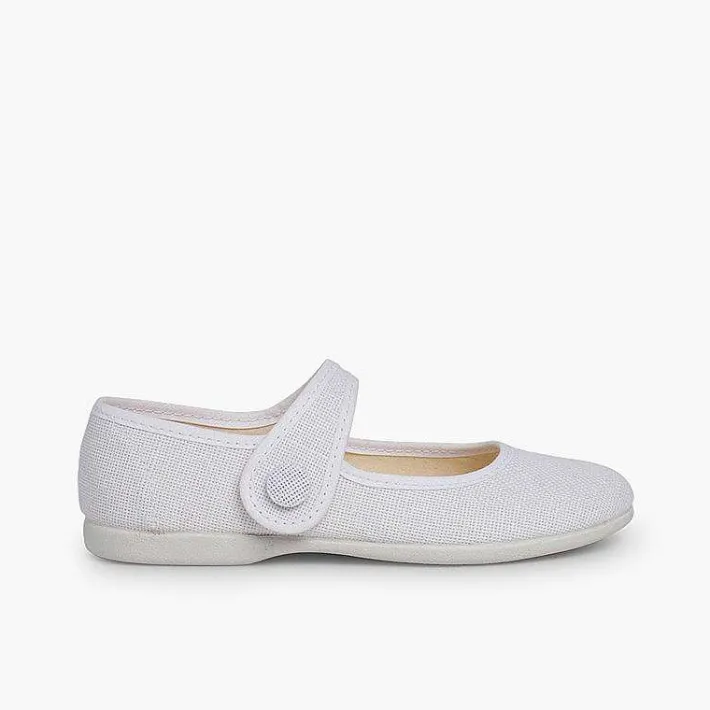 Pisamonas Communion Shoes>Girls' Linen Mary Janes With Loop Fasteners And Button