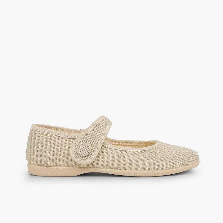 Pisamonas Communion Shoes>Girls' Linen Mary Janes With Loop Fasteners And Button