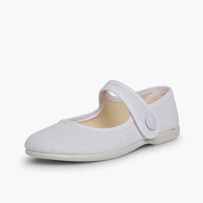 Pisamonas Communion Shoes>Girls' Linen Mary Janes With Loop Fasteners And Button