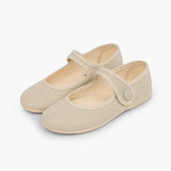 Pisamonas Communion Shoes>Girls' Linen Mary Janes With Loop Fasteners And Button