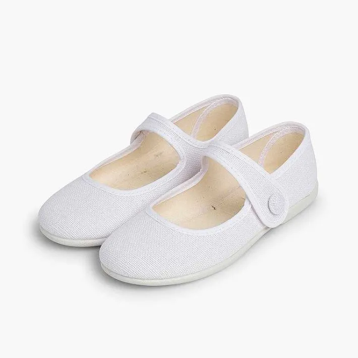 Pisamonas Communion Shoes>Girls' Linen Mary Janes With Loop Fasteners And Button