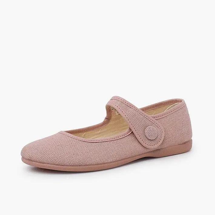 Pisamonas Communion Shoes>Girls' Linen Mary Janes With Loop Fasteners And Button
