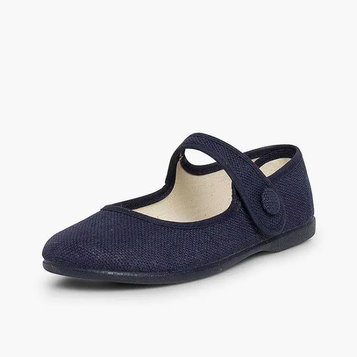 Pisamonas Communion Shoes>Girls' Linen Mary Janes With Loop Fasteners And Button
