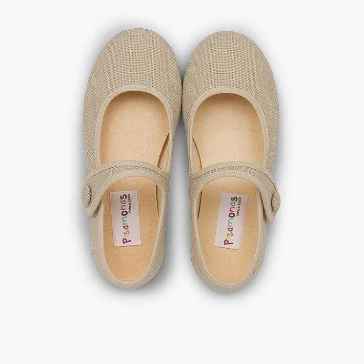 Pisamonas Communion Shoes>Girls' Linen Mary Janes With Loop Fasteners And Button