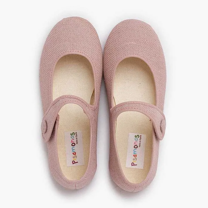 Pisamonas Communion Shoes>Girls' Linen Mary Janes With Loop Fasteners And Button