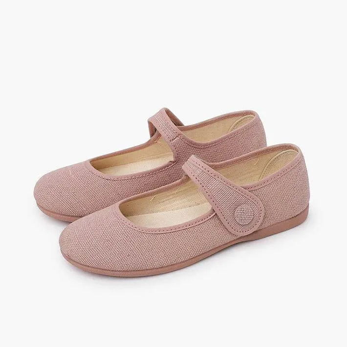 Pisamonas Communion Shoes>Girls' Linen Mary Janes With Loop Fasteners And Button