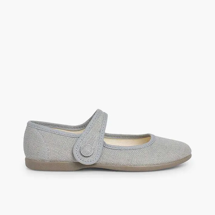 Pisamonas Communion Shoes>Girls' Linen Mary Janes With Loop Fasteners And Button
