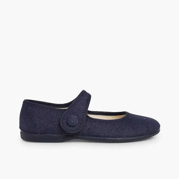 Pisamonas Communion Shoes>Girls' Linen Mary Janes With Loop Fasteners And Button