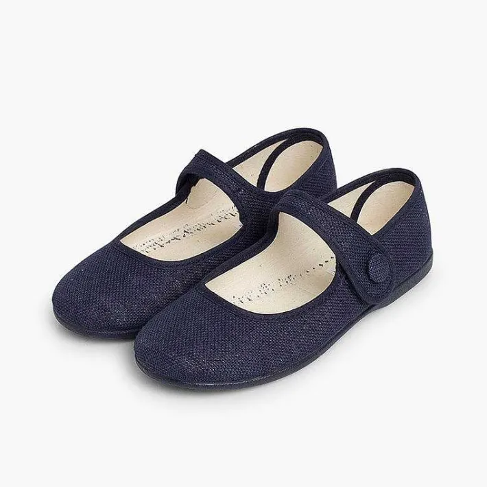 Pisamonas Communion Shoes>Girls' Linen Mary Janes With Loop Fasteners And Button