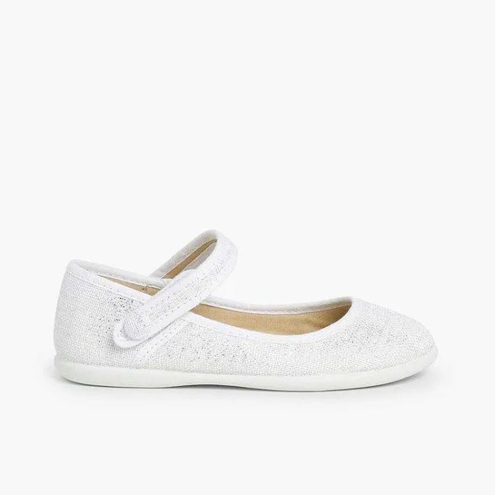 Pisamonas Communion Shoes>Girls Metallic Linen Mary Janes With Loop Fasteners