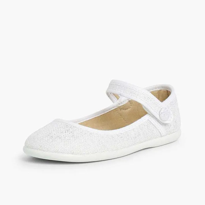 Pisamonas Communion Shoes>Girls Metallic Linen Mary Janes With Loop Fasteners