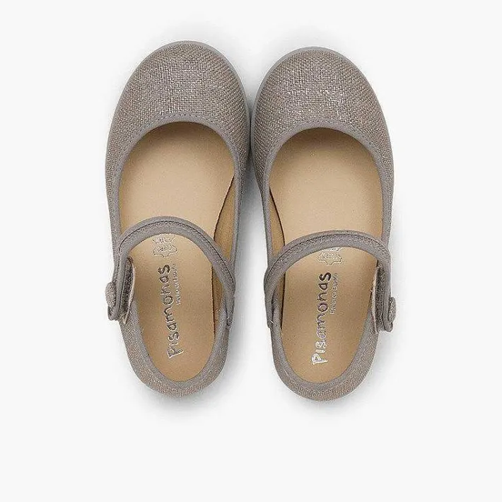 Pisamonas Communion Shoes>Girls Metallic Linen Mary Janes With Loop Fasteners