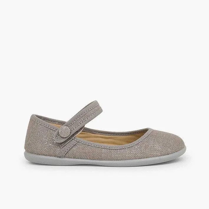 Pisamonas Communion Shoes>Girls Metallic Linen Mary Janes With Loop Fasteners