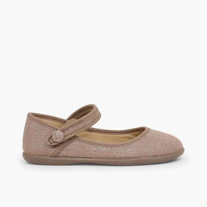 Pisamonas Communion Shoes>Girls Metallic Linen Mary Janes With Loop Fasteners