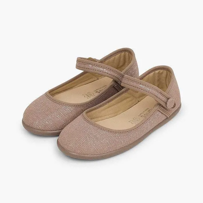 Pisamonas Communion Shoes>Girls Metallic Linen Mary Janes With Loop Fasteners
