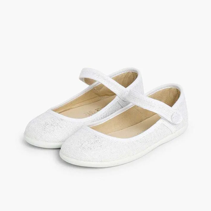 Pisamonas Communion Shoes>Girls Metallic Linen Mary Janes With Loop Fasteners