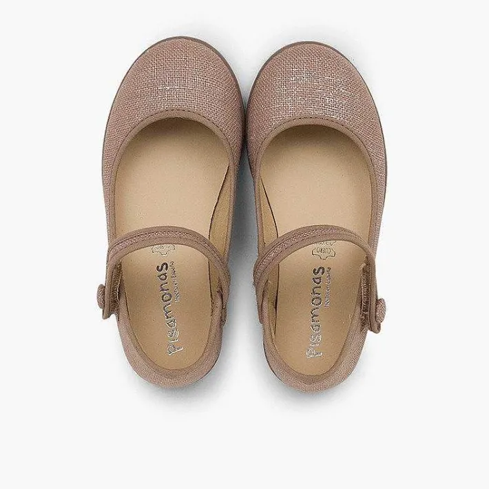 Pisamonas Communion Shoes>Girls Metallic Linen Mary Janes With Loop Fasteners