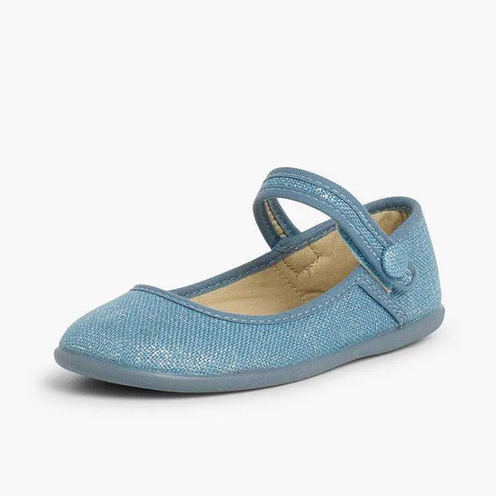 Pisamonas Communion Shoes>Girls Metallic Linen Mary Janes With Loop Fasteners