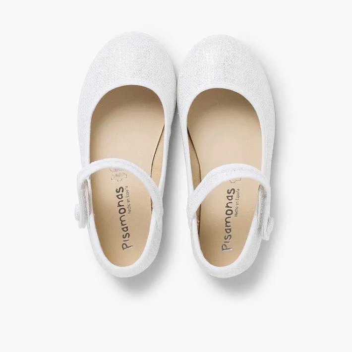 Pisamonas Communion Shoes>Girls Metallic Linen Mary Janes With Loop Fasteners
