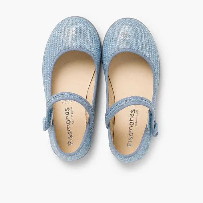Pisamonas Communion Shoes>Girls Metallic Linen Mary Janes With Loop Fasteners