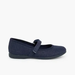Pisamonas Mary Janes>Girls Riptape Linen Mary Janes