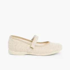 Pisamonas Mary Janes>Girls Riptape Linen Mary Janes