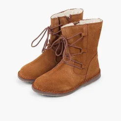 Pisamonas Boots>Girls Sheepskin Boots Criss-Cross Laces Zipper