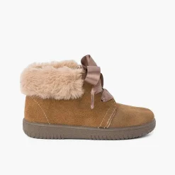 Pisamonas Boots>Girl'S Suede Booties With Fur Collar Satin Laces