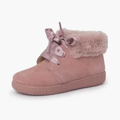 Pisamonas Boots>Girl'S Suede Booties With Fur Collar Satin Laces