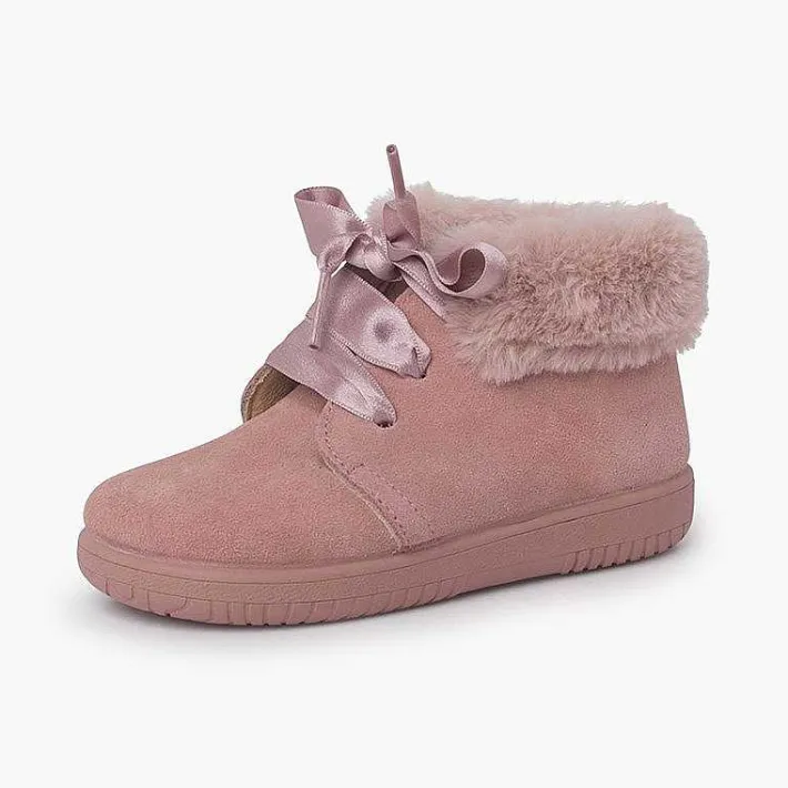 Pisamonas Boots>Girl'S Suede Booties With Fur Collar Satin Laces