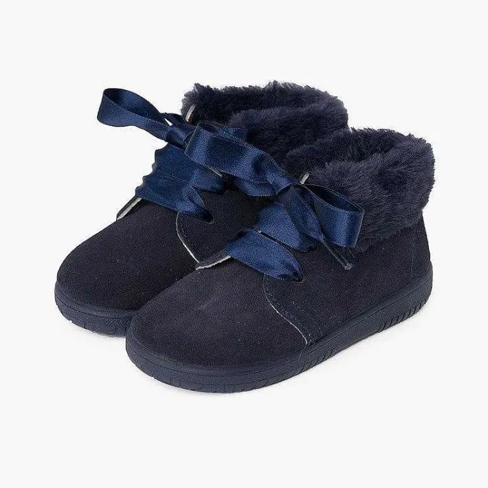 Pisamonas Boots>Girl'S Suede Booties With Fur Collar Satin Laces