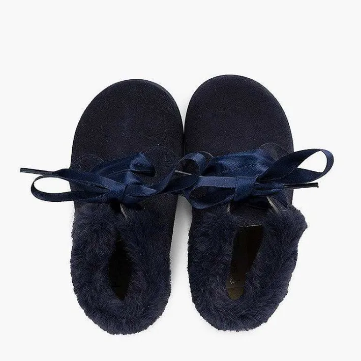 Pisamonas Boots>Girl'S Suede Booties With Fur Collar Satin Laces