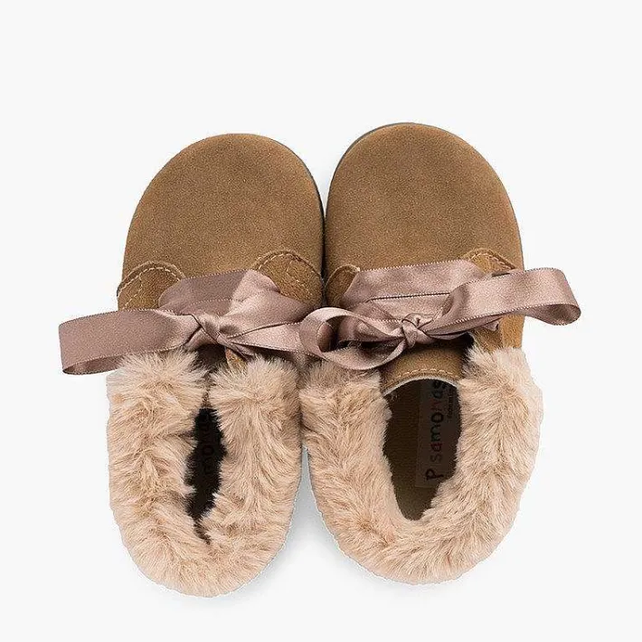 Pisamonas Boots>Girl'S Suede Booties With Fur Collar Satin Laces