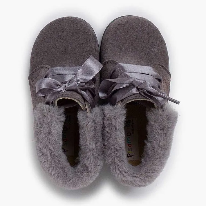 Pisamonas Boots>Girl'S Suede Booties With Fur Collar Satin Laces