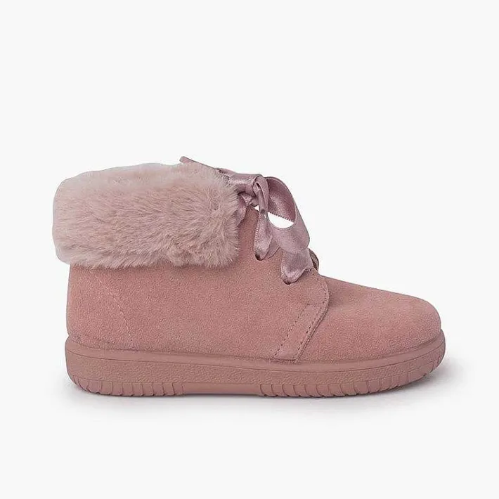 Pisamonas Boots>Girl'S Suede Booties With Fur Collar Satin Laces